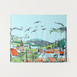 Tapiz Ilustración de paisaje de pueblo caprichoso