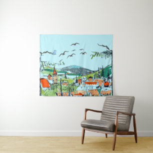 Tapiz Ilustración de paisaje de un pueblo caprichoso