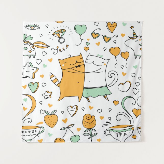 Tapiz Ilustracion de pareja de gatos. animales de gatito (Anverso)
