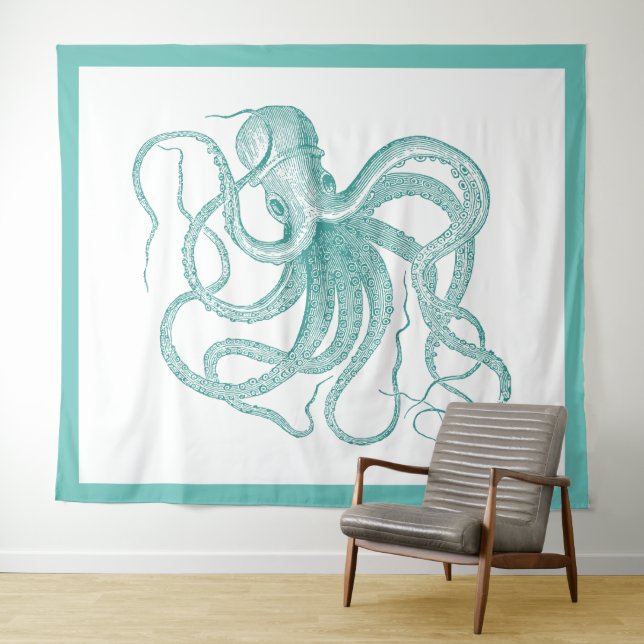 Tapiz Ilustracion de pulpo azul turquesa (In situ (horizontal))