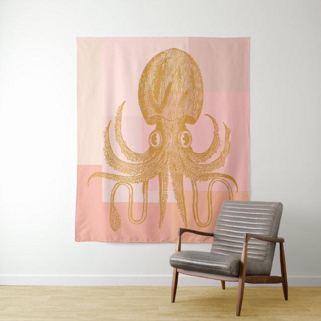 Tapiz Ilustracion de pulpo puro en rosa y oro (In situ)