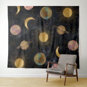 Tapiz Ilustracion Espacial de Planetas Dorados Sun Moon