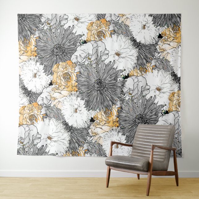 Tapiz Ilustracion floral amarillo y gris (In situ (horizontal))