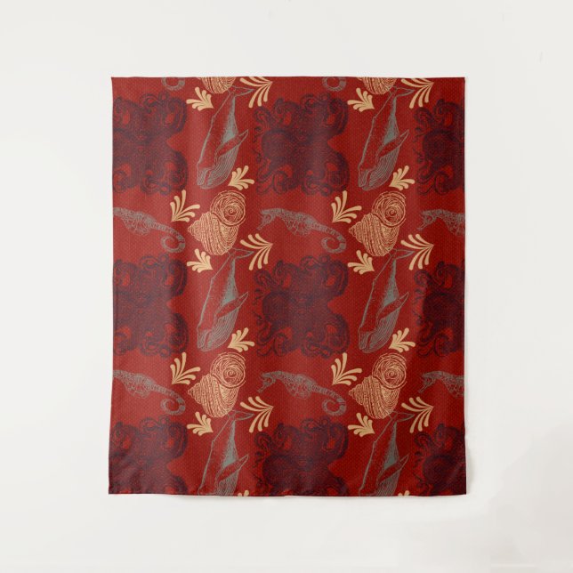 Tapiz Ilustracion Nautical Red Octopus Sea Monster (Anverso)