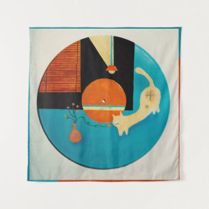 Tapiz Ilustración Retro de Gato Estirándose en Disco