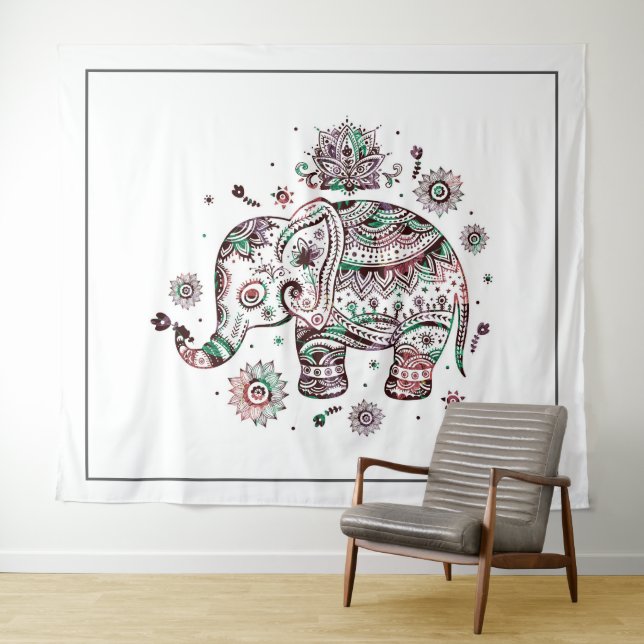Tapiz Ilustracion tribal de elefante floral (In situ (horizontal))