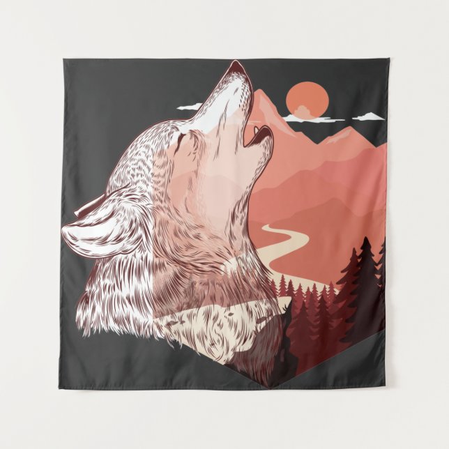 Tapiz Ilustracion vectorial de un lobo aullante Paisaje  (Anverso)
