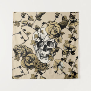 Tapiz ilustracion vintage de un cráneo rodeado y cov