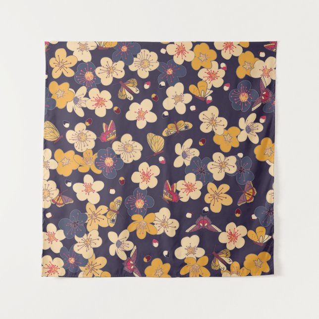 Tapiz Impresión asiática sobre la mariposa de flores de  (Anverso)