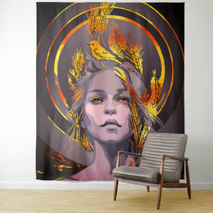 Tapiz Impresión de arte elegante con trigo dorado y pája