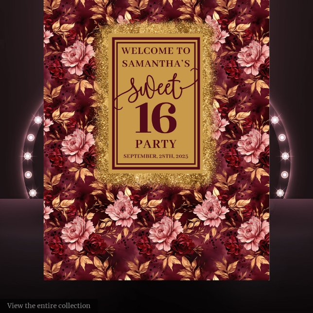 Tapiz Impresionante dulce Banner de oro de Rubor Burgund (Stunning Sweet 16 Blush Burgundy Gold Banner)