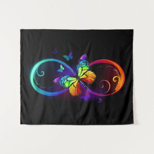 Tapiz Infinito vibrante con mariposa arco iris sobre neg