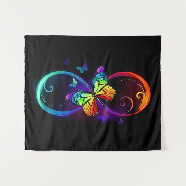 Tapiz Infinito vibrante con mariposa arco iris sobre neg (Anverso (horizontal))
