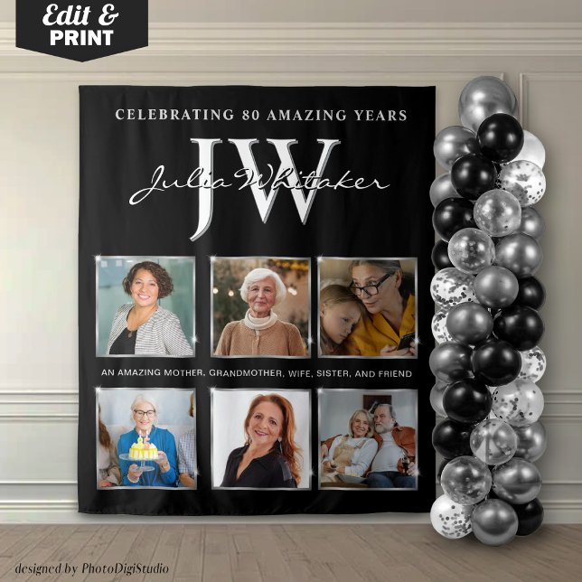 Tapiz Iniciales de plata Fondo personalizado de cumpleañ (Silver Initials Custom Birthday Backdrop and Photo)