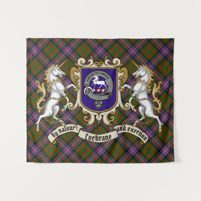 Tapiz Insignia de clan Cochrane y Unicornios con Tartán (Anverso (horizontal))
