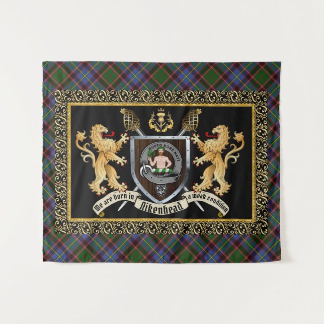 Tapiz Insignia de clan de Aikenhead & Motto con leones (Anverso (horizontal))