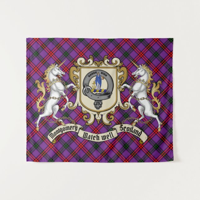 Tapiz Insignia de clan de Montgomery y Unicornios con Ta (Anverso (horizontal))