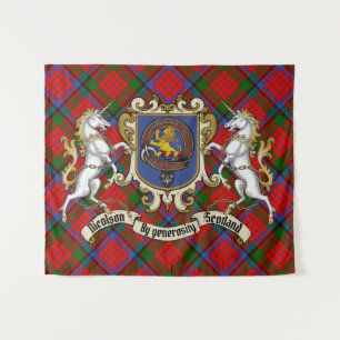 Tapiz Insignia del Clan Nicolson & Unicornios con Tartán
