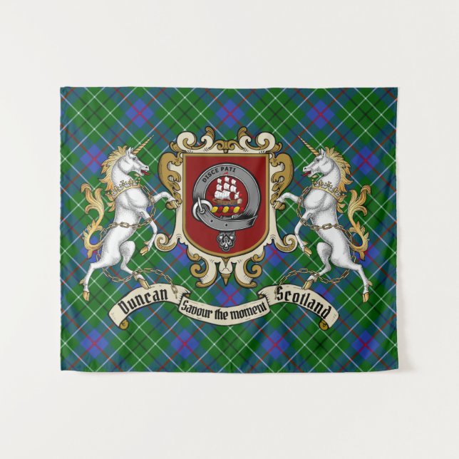 Tapiz Insignia Duncan Clan & Unicorns con Tartán (Anverso (horizontal))