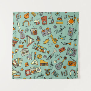 Tapiz Instrumentos musicales, patrón de sketch vintage.