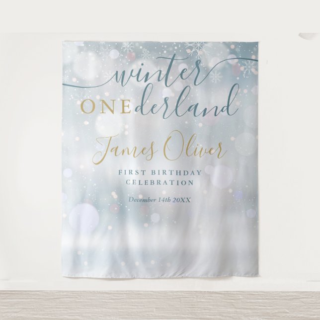 Tapiz Invierno De Oro Y Azul De Primer Cumpleaños (Anverso)