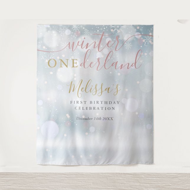 Tapiz Invierno ONederland Cumpleaños 1 Rosa Y Dorado (Anverso)