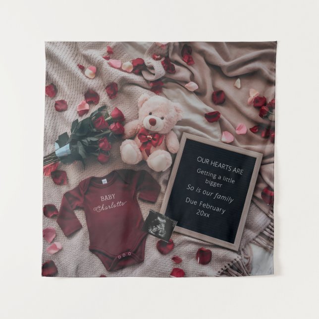Tapiz Invitación de embarazo romántico con Rosas y Teddy (Anverso)