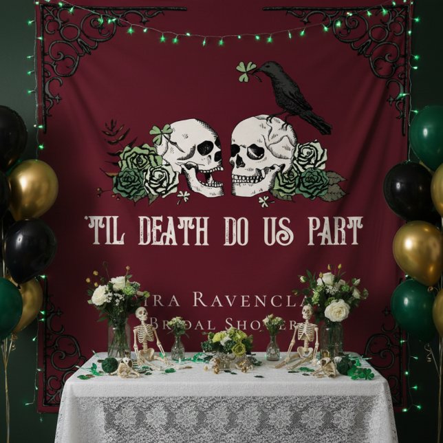 Tapiz Irish Til Death Burgundy Gothic Skulls Backdrop (Burgundy Gothic Til Death Do Us Part Irish Bridal Shower Backdrop. Vintage Skulls, Flowers, Shamrock)