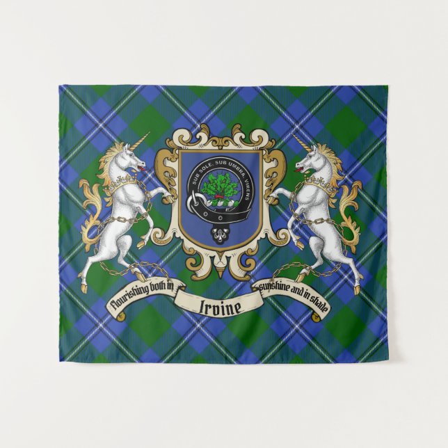 Tapiz Irvine Clan Badge & Unicorns con Tartán (Anverso (horizontal))