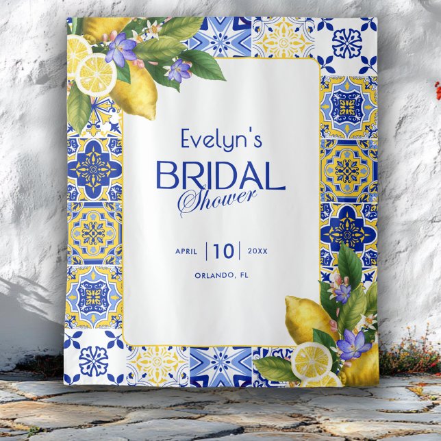 Tapiz Italian Mosaic Blue Tile Lemons Bridal Shower (Subido por el creador)