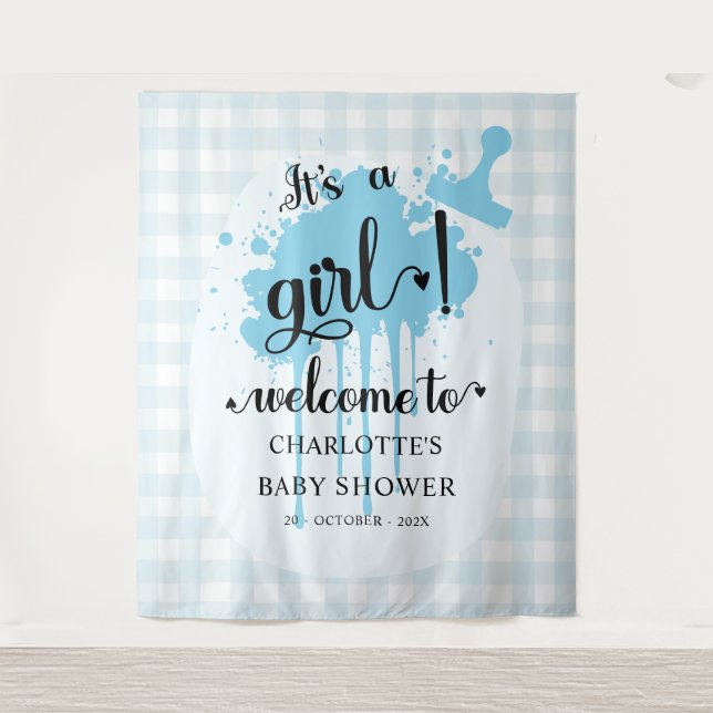 Tapiz It's a Girl! Fondo Baby Shower Blue Gingham (Anverso)
