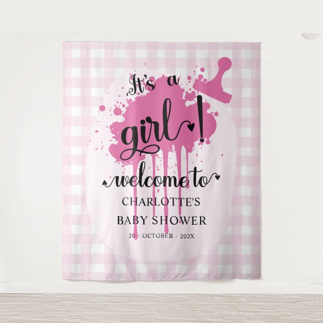 Tapiz It's a Girl! Fondo Baby Shower Pink Gingham (Anverso)