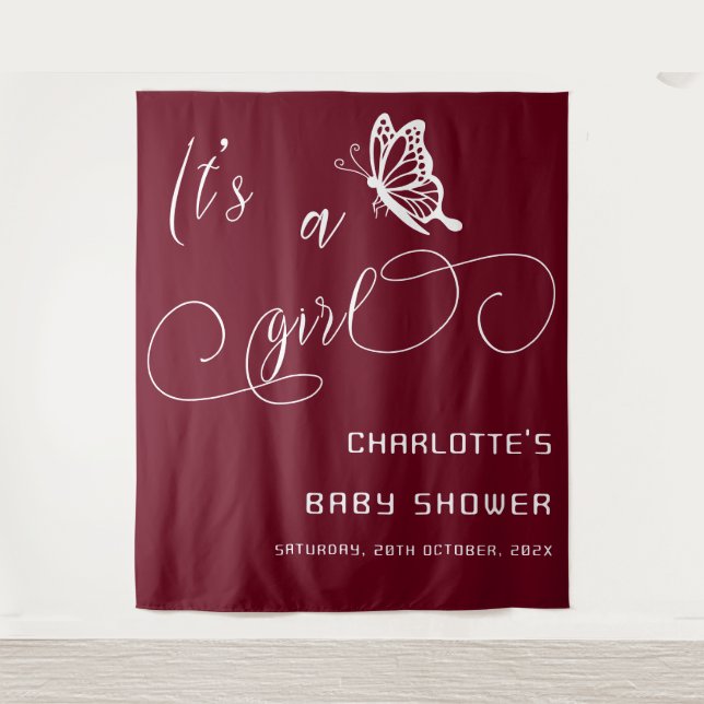 Tapiz It's A Girl Modern Minimal Butterfly Baby Shower (Anverso)
