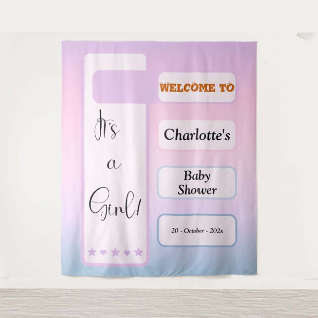Tapiz It's A Girl! Purple Gradient Eyeball Text Backdrop (Anverso)