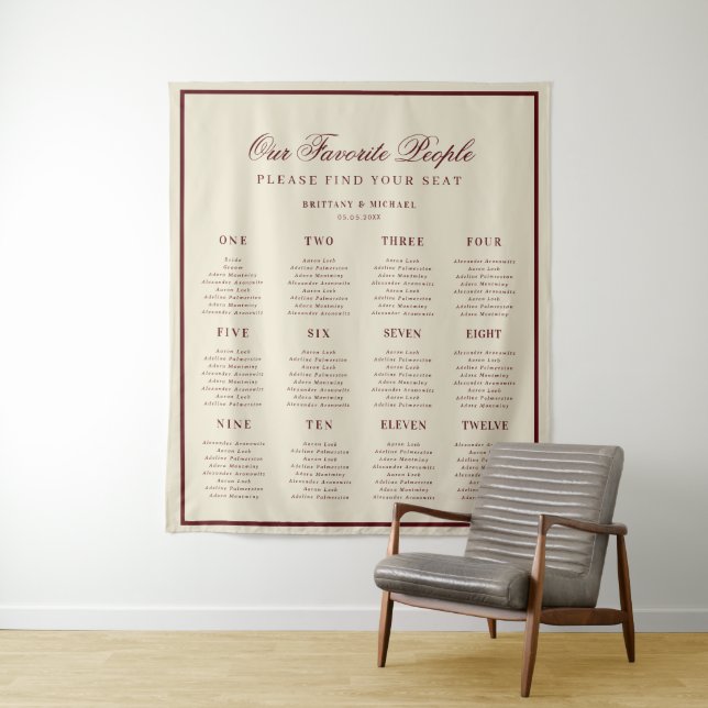 Tapiz Ivory Burgundy Retro Wedding Seating Chart Sign (In situ)