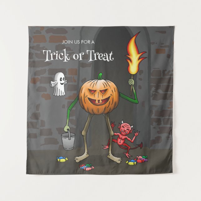 Tapiz Jack O'lantern en un amigable truco o trato (Anverso)