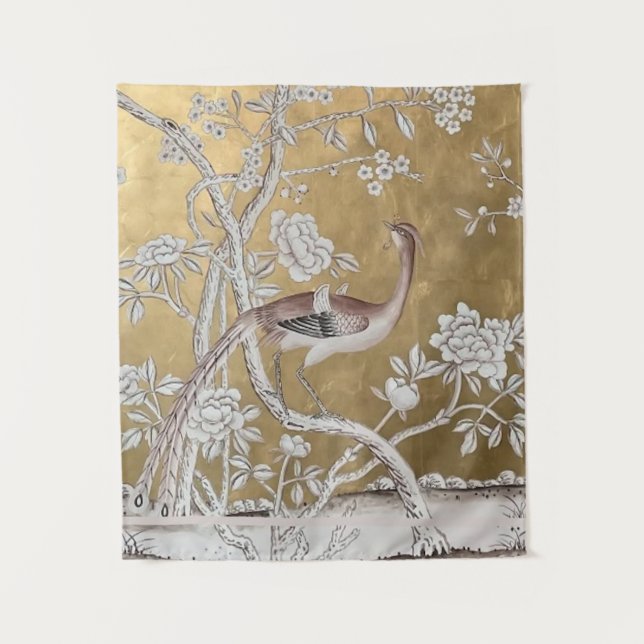 Tapiz Jardín de té oriental dorado con pavo real sutil (Anverso)