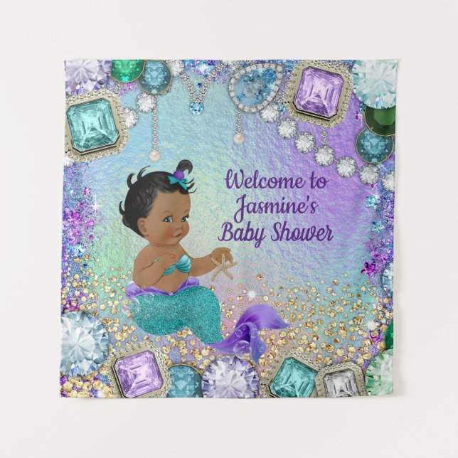 Tapiz Jewel Mermaid Baby Shower Backdrop Banners SQ (Anverso)