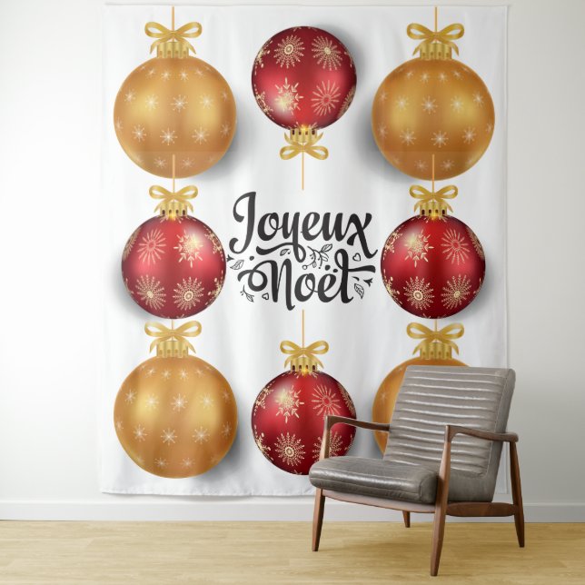 Tapiz Joyeux Noel bola de Navidad francesa roja dorada (In situ)