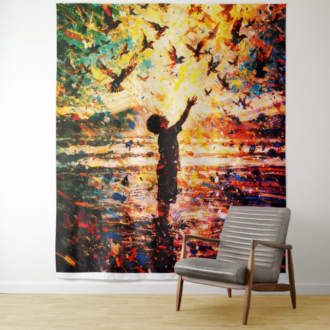 Tapiz Joyful Child Playing with Birds Sunrise Water (In situ)
