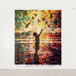 Tapiz Joyful Child Playing with Birds Sunrise Water