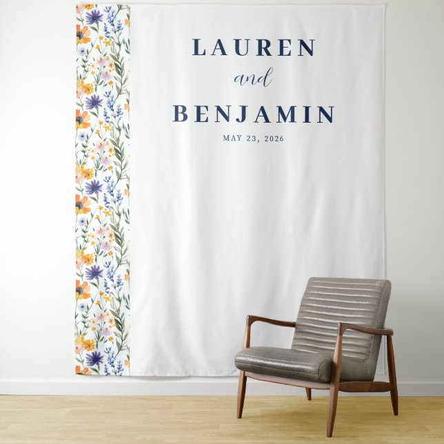 Tapiz Joyful Navy Floral Wedding Banner (In situ)