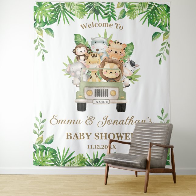Tapiz Jungle Animals Safari Car Baby Shower Backdrop (In situ)