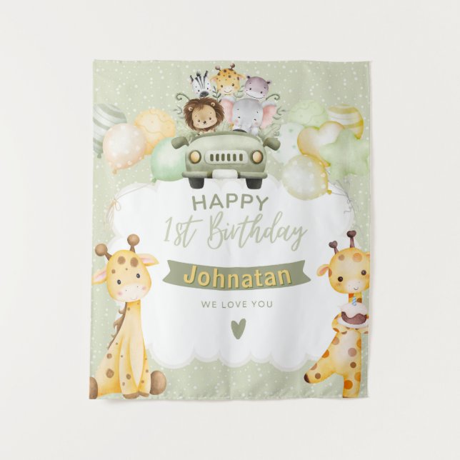 Tapiz Jungle Pastel 1st Birthday Cute Giraffe Backdrop (Anverso)