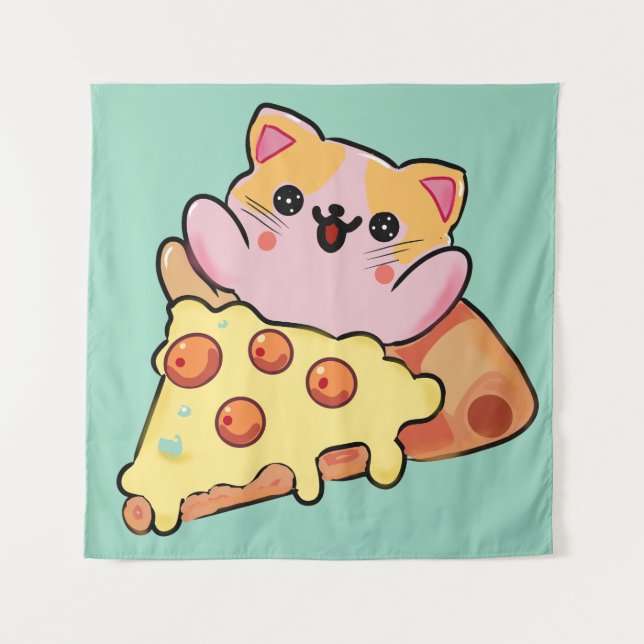 Tapiz Kawaii Cat Hugging Pepperoni Pizza Cartoon (Anverso)