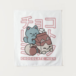 Tapiz Kawaii Cat with Chocolate Milk – Japanese Pop Art