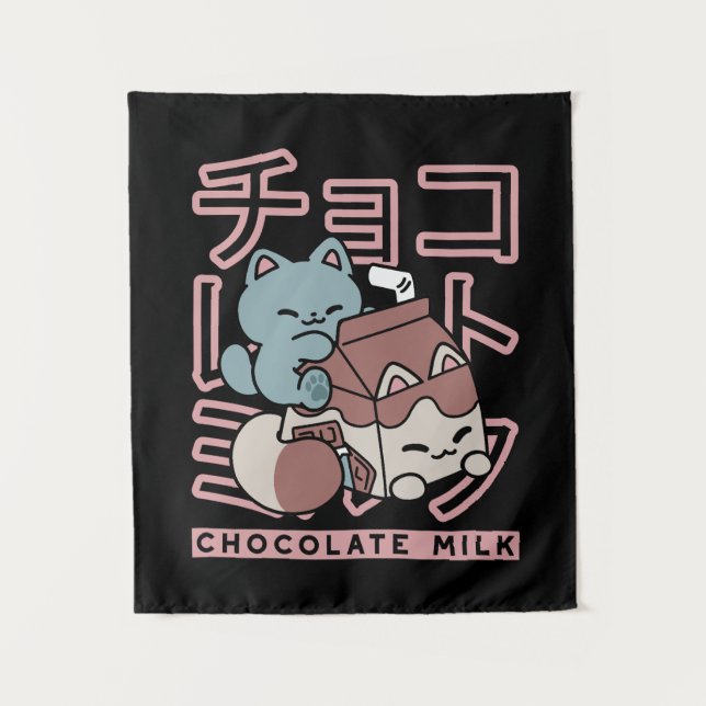 Tapiz Kawaii Cat with Chocolate Milk – Japanese Pop Art  (Anverso)