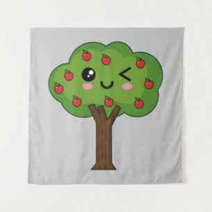 Tapiz Kawaii feliz árbol de manzanas