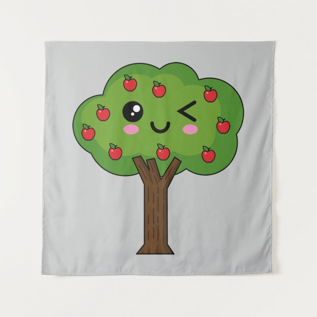 Tapiz Kawaii feliz árbol de manzanas (Anverso)