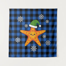 Tapiz Kawaii Navidad Starfish en patrón de búfalo azul